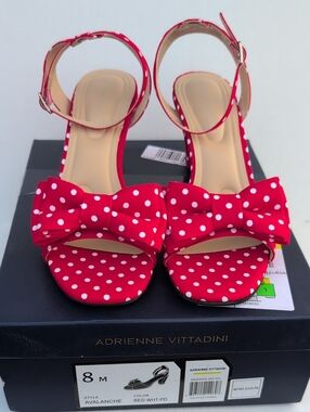 Adrienne Vittadini Red Polka Dot Bow Ankle-Strap Heels